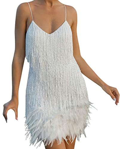 Femme Robe Gatsby Couleur Unie sans Manche 1920S Robe à Frange Bretelles Chic Robe à Charleston Déguisement pour Soirée Danse Latine