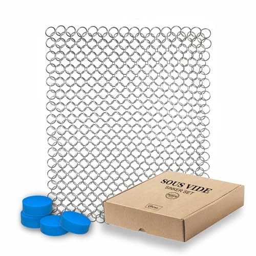 Qbraz Sous Vide Sinker Weight Set: 1.28 Pounds Food Safe Materials Stainless Steel Mesh + 4 Sous Vide Magnets Food Grade Silicone & Ferrite. Sous Vide Deluxe Accessory Set for Perfectly Cooked Food.