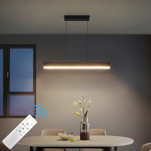 Klighten Led Lampe à suspension Table à Manger, Dimmable 3000K-6000K Avec Télécommande, Moderne Luminaire Suspensio, Plafonniers Linéaire Hauteur 150Cm Réglable, Pour Cuisine Salon, Noir, 60/20W