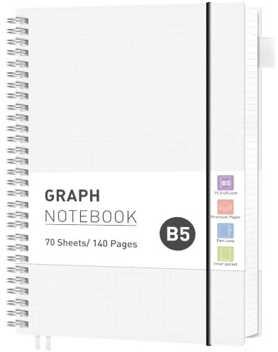 RETTACY B5 Spiral Notebook, Graph Journal, Notepad, 140 Pages, Transparent | Flexible Plastic Cover Note Book, 5mm per Square, 100 GSM Grid Paper, for School, Students, Math, Engineering - 19 × 25 cm