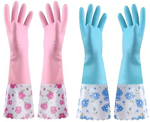 WENJION 2 Pairs of Cleaning Gloves, Long Waterproof Rubber Gloves with Flock Lining, Reusable Non-Slip Latex Gloves for Dishwashing, Gardening, and Bathroom Cleaning (Medium)