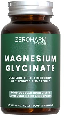 ZEROHARM Glicinato di magnesio 600 mg con Moringa – Supporto per energia, muscoli e sonno – Assorbimento liposomiale ad alta potenza – Confezione da 60 (confezione da 1)