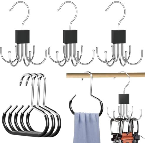 6 Pcs Belt Hanger, Scarf Hanger for Clothes Space Savers Storage Solutions with 8 Hooks, Non-Slip Ties Hanging Hook in Two Styles for Belts, Ties, Bags, Scarves, Hats (Black)