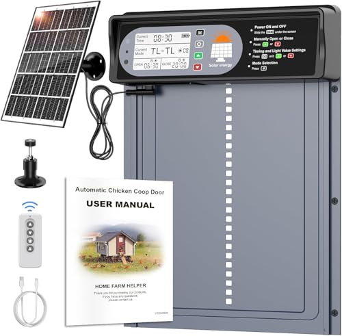 Automatic Chicken Coop Door Solar Powered, 4 Modes Aluminum Solar Chicken Coop Door with Timer & Light Sensor, LCD Display, Anti-Pinch & Weather Proof, Range 20M Remote Control