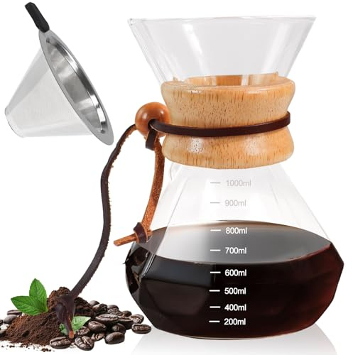 DITOSH Pour Over Coffee Maker 1000ml 33.8oz Glass Drip Coffee Maker with 304 Stainless Steel Filter High Borosilicate Glass Duckbill Spout Solid Wood Handle Pour Over Coffee Dripper for Daily Brewing