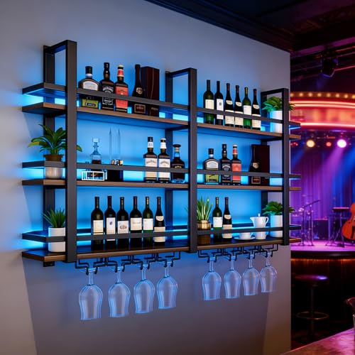 amhricho Botellero de Pared con Luces LED,Estante Flotante de Metal de 3 Niveles para Licores, con Soporte para Copas, de Hierro y Madera, para Bar, Cocina y cafetería (Black, 120cm)