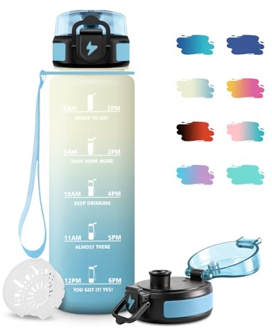 Borraccia Palestra 1 Litro, Borracce Motivazionale con Filtro, a Prova di Perdite, Facile da Trasportare, Bottiglia Acqua Sportiva con Indicatore del Tempo per Campeggio, Scuola, Ufficio, Viaggio