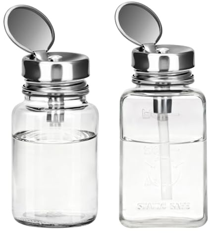 2 Pcs Clear Pump Dispenser Bottles (180ml/6Oz + 100ml), Glass Push Down Liquid Dispenser with Metal Flip Cover, Refillable Press Container for Nail Polish Remover, Makeup Remover & Lotion