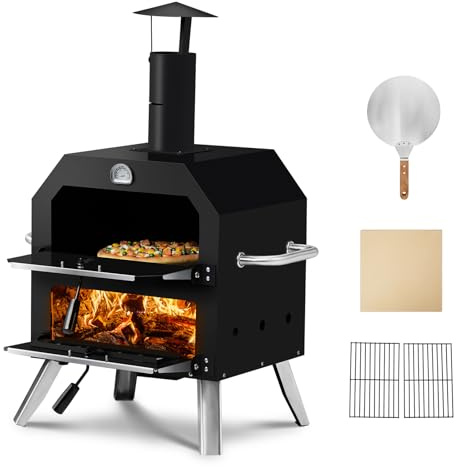 Outopee Outdoor Pizza Oven, 2 Layer Wood Fired Pizza Maker with Pizza Stone, Peel, Chimney, Removable Cooking Rack, Outside Garden Cooker Heating Oven for Camping Backyard Picnic Party BBQ