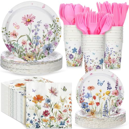 Yungyan 216 Pcs Wildflower Party Supplies Spring Floral Paper Plates Napkins Cups Plastic Knives Forks Spoons for Wildflower Wedding Bridal Shower Birthday Spring Tea Party Decors Serve 36