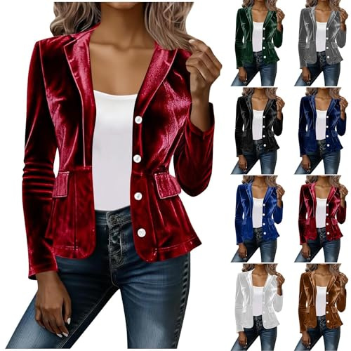 RLEHJN Veste En Velours Femme Blazers Femme Chic Et Élégant Veste Blazer Couleur Unie Bouton Manches Longues Classique Pour Travail Soirées Tailleur Femmes Slim Automne Hiver Vestes Mi Saison
