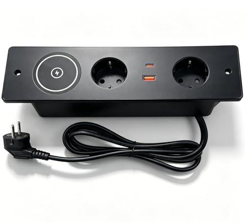 Sänkbart uttag 2-vägs USB C PD 20 W och 15 W trådlös laddning, installation grenuttag bordsuttag inbyggt uttag bordsskiva för kontor skrivbord kök, svart 1,5 m kabel