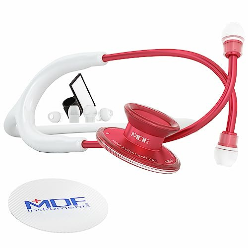 MDF Instruments, Acoustica Lightweight Stethoscope for Doctors, Nurses, Students, Home Health Use, Adult, Dual Head White Tube, Red Chestpiece-Headset, MDF747XPR29