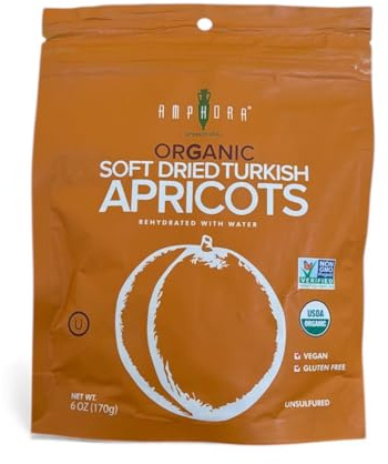 Amphora All Natural Organic Soft Dried Turkish Apricots, Vegan, Gluten Free, Keto 6 Oz Each (Single Pack)