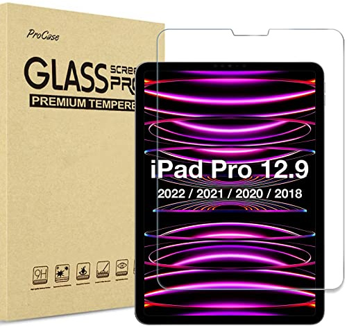 ProCase for iPad Pro 12.9 2022 2021 2020 2018 Screen Protector, Tempered Glass Screen Film Guard for iPad Pro 12.9 6th 5th 4th 3rd Generation -Clear