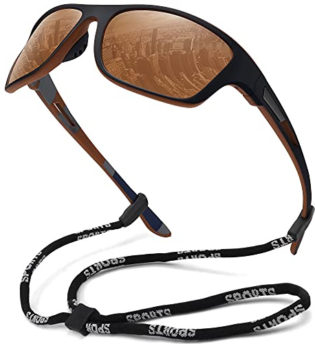 MEETSUN Lunettes de soleil de sport polarisées pour hommes pêche cyclisme Baseball course et conduite Protection UV400 cadre noir-lentille miroir marron