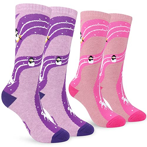 KOOOGEAR 2 Pairs Kids Ski Socks,Girls Boys Knee High Funny Ski Socks for Child,Thermal Warm Novelty Socks for Skating Skiing Snowboarding (Rosa/Lila)