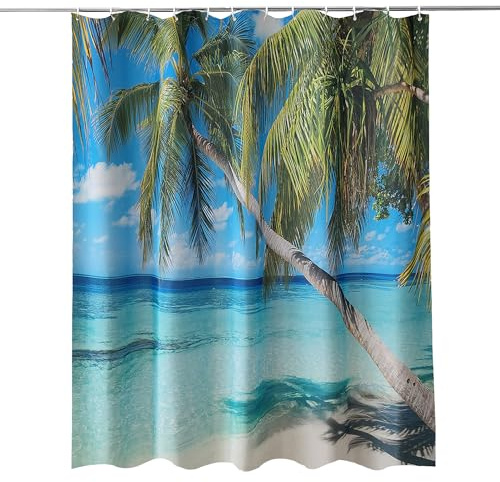 Trimming Shop Ocean Beach Shower Curtain for Bathroom - 180x180cm | Mould Proof and Mildew Resistant Washable Polyester Fabric Modern Bath Curtains with 12 Hooks