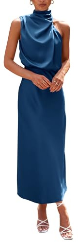 PRETTYGARDEN Women's 2025 Summer Satin Dress Elegant Sleeveless Mock Neck Cocktail Party Maxi Dresses (Dark Blue,Small)
