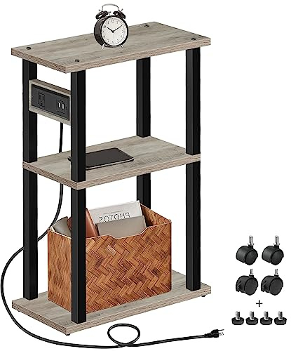 TUTOTAK Small Narrow Side Table with Charging Station, Skinny End Table for Small Spaces, Slim Nightstand with USB Ports and Outlet, Sofa Beside Table with Wheels, Greige TB01BG046