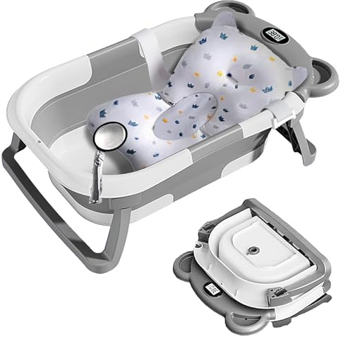 Grismire Foldable Baby Bath Tub - Newborn to Toddler Portable, Collapsible Travel Multifunctional Baby Bath Tub with Anti-Slip Mat, Drain Hole, Thermometer - Grey