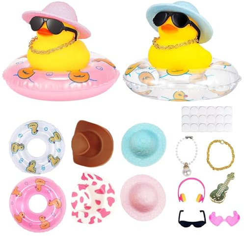 Patito a Flote Amarillo Juguetes de Baño, 14PCS Adornos de Pato de Goma para Coche con Anillo de Natación, Aombrero, Collar, Gafas, Juguetes de Regalo Pato Amarillo para Baby Shower