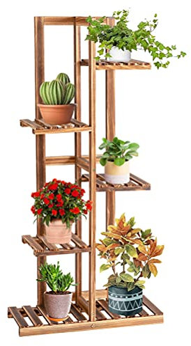 KOMFOTTEU Support de Plantes en Bois de Pin, Étagère à Pot de Fleurs, Porte Plante Intérieur, Design en Escalier, Protection Anti-basculement, pour Balcon, Jardin, Salon (5 Niveaux, 50 x 21 x 103 cm)