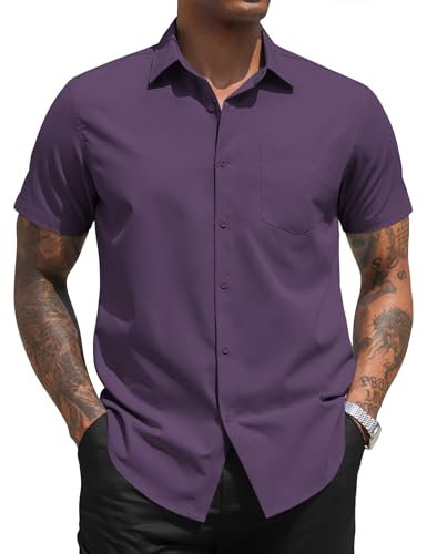 COOFANDY Chemise Homme Manche Courte Été Chemises Casual Regular Fit Chemisette Business Chemise avec Poche Chemises Infroissable sans Repassage Violet M