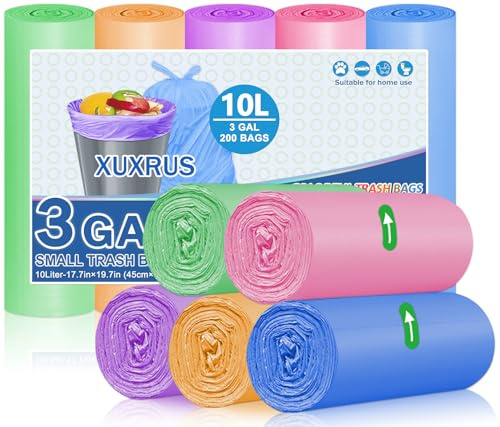 10l Bin Liners 200 Bags Small Pedal Bin Bags XUXRUS Thicken Leakproof Plastic Bags for Bathroom Office,Kitchen Desk Fit UK 10 Liter,2.6,3Gal Colorful