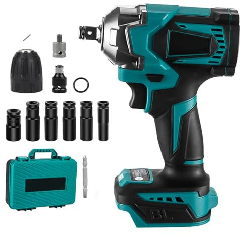 AHWOiHS llave de impacto con batería de 700 Nm, compatible con batería de litio de 18 V-21 V, sin escobillas, eléctrica, 6 llaves de vaso y luz LED