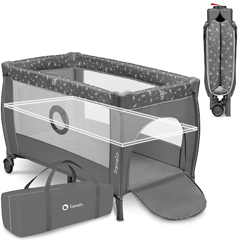 lionelo STEFI Plus - Cuna de viaje y zona de bebé portátil 2 en 1 con colchón de 2 niveles de altura, cama de bebé para recién nacidos y niños pequeños colchón de 0 a 36 kg, entrada lateral, ruedas de