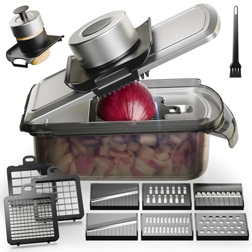 Affetta Verdure Multifunzione, 12-in-1 acciaio inox Mandolina per Verdure con contenitore, Taglia carota e aglio Chopper, cipolla e frutta ﻿