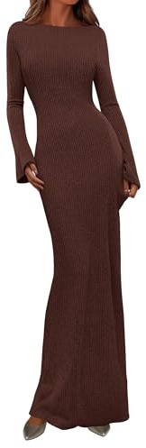 PRETTYGARDEN Women's Fall Fashion 2026 Long Sleeve Maxi Dress Ribbed Knit Boat Neck Bodycon Casual Dresses Going Out Outfits (Coffee,Medium)