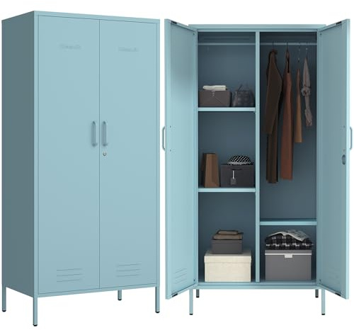 Aiasuit 2 Door Wardrobe 67 Inch Blue Metal Storage Cabinet with Hanging Rod Home Multifunctional Closet Lockable Metal Wardrobe Adjustable Shelves Bedroom Storage Cabinet Size：67 H X 31.5 W X 18.1