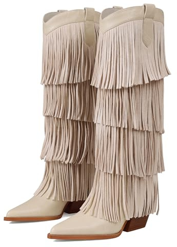 Attiposh Womens Fringe Boots Knee High Cowboy Boots Chunky Heel Western Pointed Toe Slip on Wide Calf Cowgirl Boot Fashion Heeled Shoes