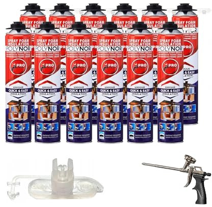 POLYNOR Isolamento termico PUR in bomboletta PRO - Set - 12 schiume - Pistola per schiuma - Isolamento termico a spruzzo - Isolamento di pareti, tetti, soffitti, tubi - Aerosol 750 ml