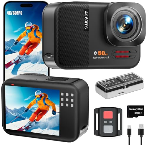 Euorosi 4K 60FPS 48MP Action Cam, 50ft Fotocamera Subacquea Con 64GB Scheda, WIFI Grandangolo 170° Fotocamera per Casco, Telecomando, 2 X 1350 mAh, Accesorios Multiples (64GB)