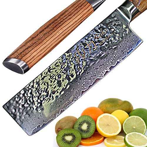 Ruka Damas acier 17cm Nakiri couteau, aspect martelé, tranchant rasoir Japonais acier 67 couches, damas couteau Nakiri avec manche ergonomique