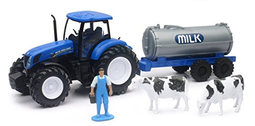 New Ray- Tracteur New Holland T7.270 + CITERNE A Lait avec 1 Personnage ET 2 Vaches Miniature, 05523 A, Vert