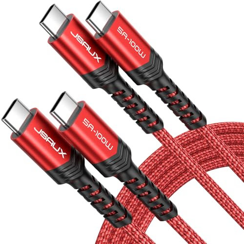 JSAUX 100W USB C to USB C Cable (2-Pack, 2 m), USBC Type C Charge Lead 5A Fast Charging Compatible with iPhone 16e 16 15 Plus Pro Max Samsung Galaxy S25 S24 MacBook iPad Air Pro Carplay Red