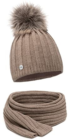 ELIMELI® Bonnet en cachemire pour femme,Bonnet d'hiver chaud en laine avec cachemire,Bonnet d'hiver avec fausse fourrure,Pompon,Bonnet tricoté, Cappuccino – Set avec écharpe, taille unique