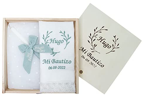 Kit de vela y pañuelo personalizado para Bautizo - Incluye caja de madera grabada – Pack de vela decorada y Paño bordado con nombre y fecha del Bautismo - Modelo Bambula (Verde menta)