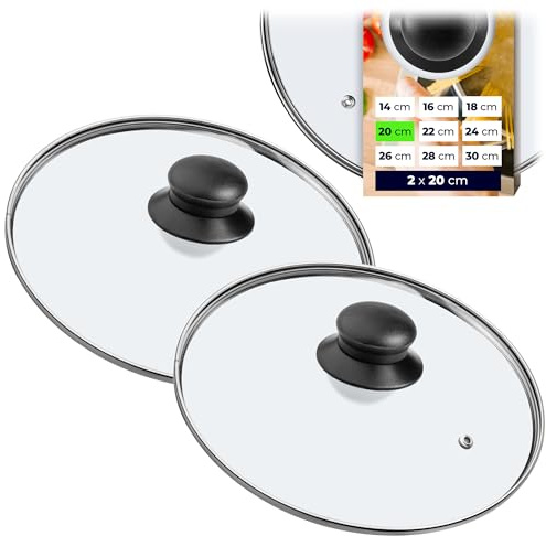 KADAX Glaslockset, grytlock av glas, ⌀ 14–30 cm, värmebeständigt lock för kastrull, panna, pannlock med plasthandtag, universallock (2 x 20 cm)