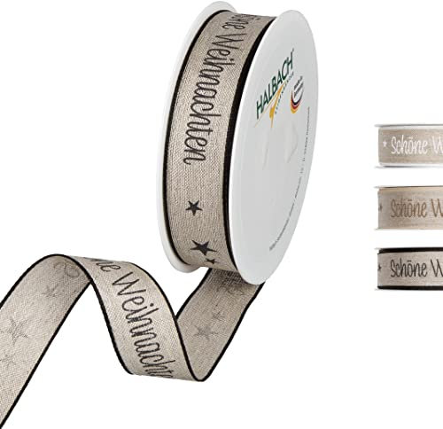 Halbach Seidenbänder Geschenkband Weihnachten Schöne aus Leinen 25mm x 15 m Natur zum Einpacken von Geschenken, Schleifenband mit Drahtkanten, Farbe: natural/black, 1058