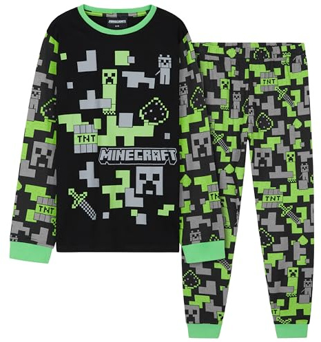 Minecraft Boys Pyjamas Set - Cotton Lounge Wear Long Top and Bottoms Teenagers Kids PJs 7-14 Years Gamer Gifts for Boys (Black/Green, 7-8 Years)