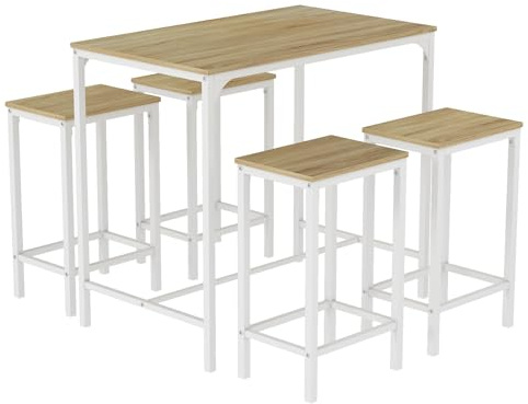 ReseeZac Table de Bar avec 4 chaises de Bar,Cuisine Salle à Manger Set,Table de Bar et tabourets de Bar Set,pour Cuisine Salle à Manger Salon Taverne,Veinage chêne+Cadre métallique Blanc