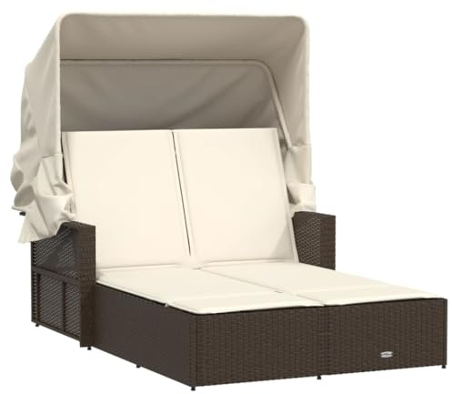 vidaXL Tumbona Doble con Capota y Cojines, Cama Doble de Exterior, Tumbona Respaldo Ajustable, Mueble para Jardín Patio, Ratán Sintético Marrón