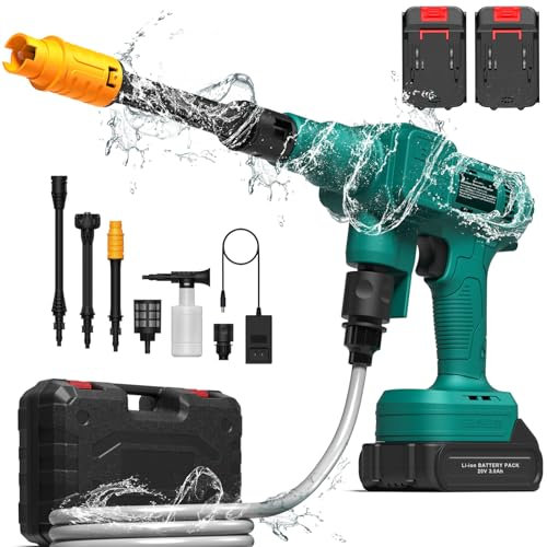 Nettoyeur Haute Pression sans Fil Geevorks de 62 Bar, 900 PSI sur 2 Batteries de 3000mAh, avec Multi-buse 6 en 1, Chargeur et Tuyau de 5M, pour Voiture, Maison, pelouse, Jardin et clôture