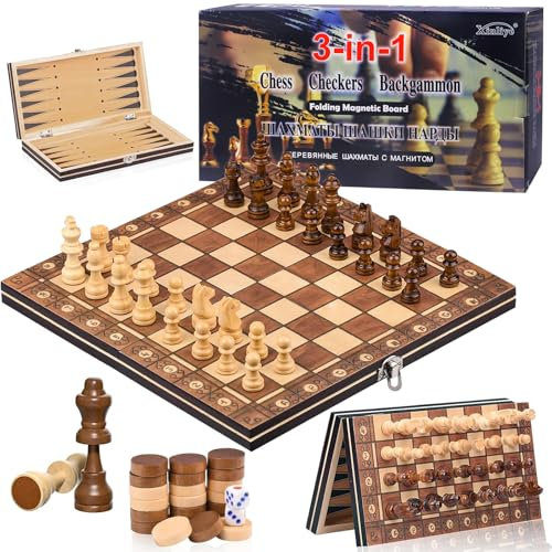HOVIBU Jeu d'échecs, 3 en 1 Echiquier Magnetique en Bois, Portable et Pliable Echecs, éChecs De Voyage pour Enfants et Adultes