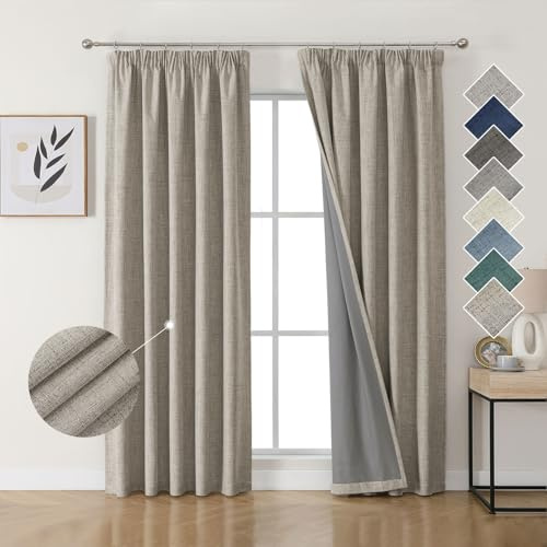 Joydeco 100% Rideau Occultant Thermique en Lin avec Galon Fronceur 132x214 cm 2 Pièces, Rideau Isolant Thermique Anti Froid et Chaleur à Passe Tringle pour Décoration de Porte Fenêtre